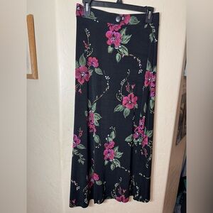 Vintage 90s Dress Barn Painted Floral Midi Skirt A Line Black Pink USA M